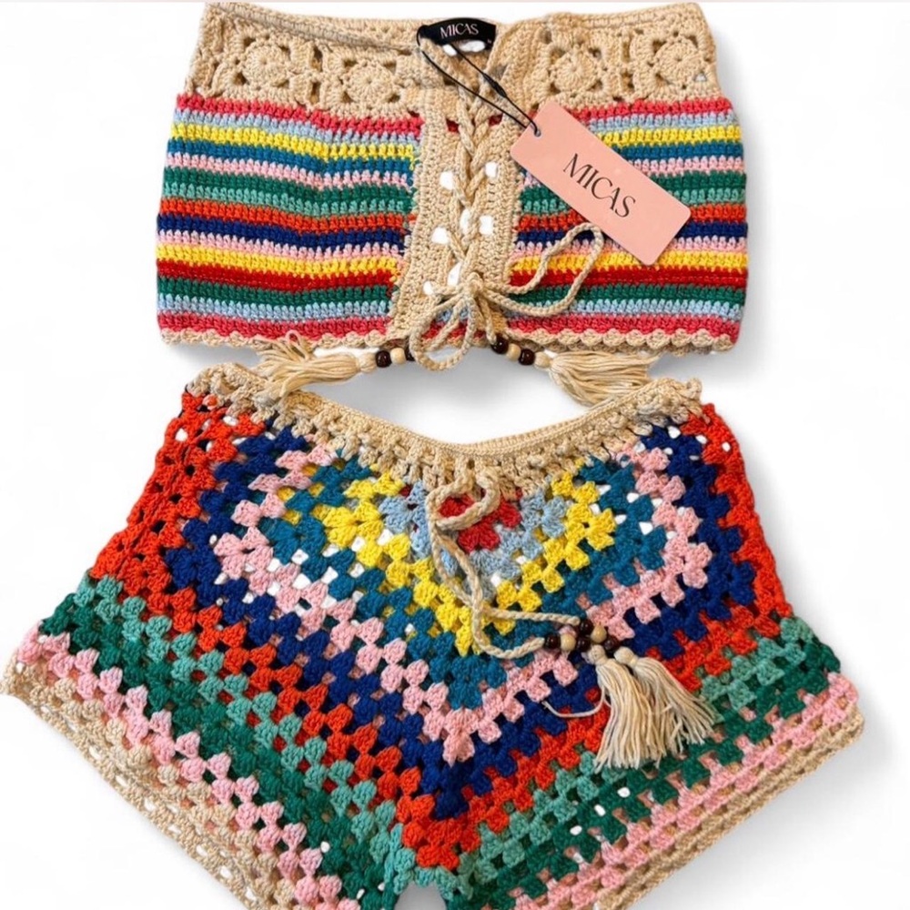 Micas NWT Multicolor Crochet Set Boho Festival Lace Up Top & Shorts Size M